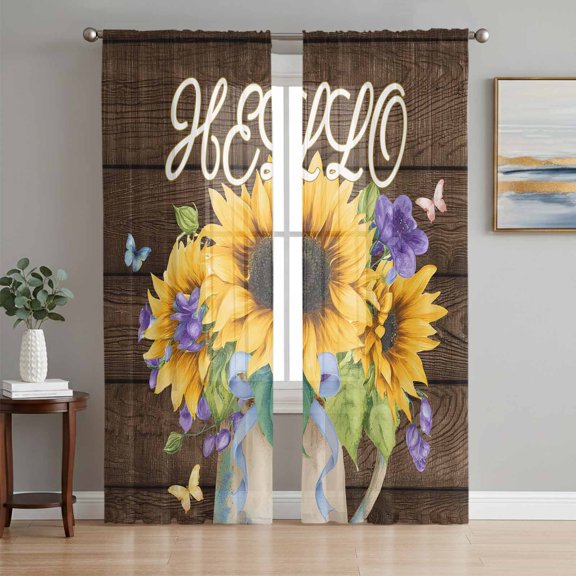 Hello Sheer Curtains for Living Room Bedroom, Summer Watercolor Sunflower Farmhouse Butterfly Brown Wood Grain Light Filtering Sheer Curtain Rod Pocket Voile Window Treaments Drapes, 52 x 96 Inches