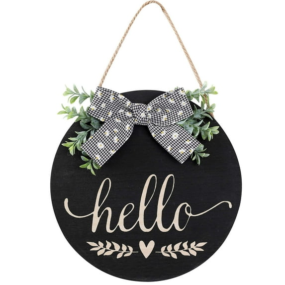 Hello Sign Rustic Front Door Decor Round Wood Sign Hanging Welcome Farmhouse Porch Decoration Spring Welcome Door Sign Home Outdoor Wall Decor (Black) black hello