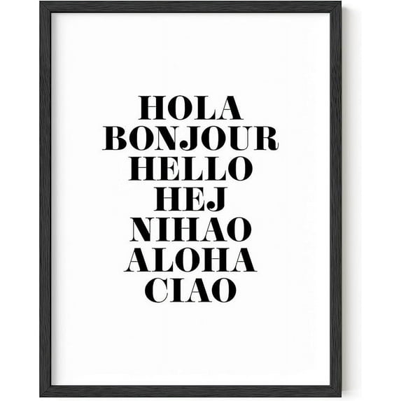 Hello In Six Languages Art Print by Haus and Hues | Minimalist Word Themed Home, Office, Apartment, Wall Decor | Black & White Art | Typography | Different Words Poster (12x16, Black Framed)