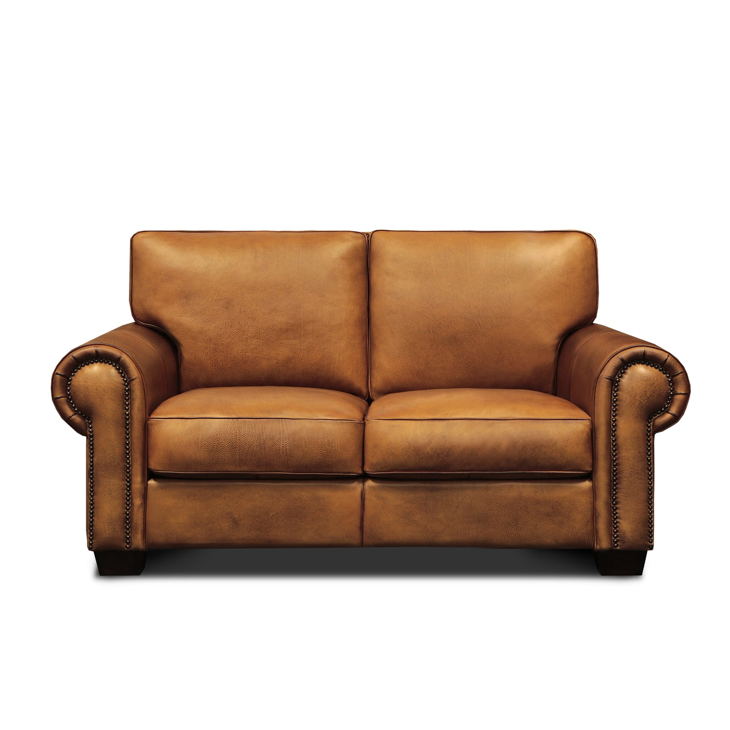 Valencia Transitional 68" Tan Genuine Leather Rolled Arm Loveseat with Nailhead Detail