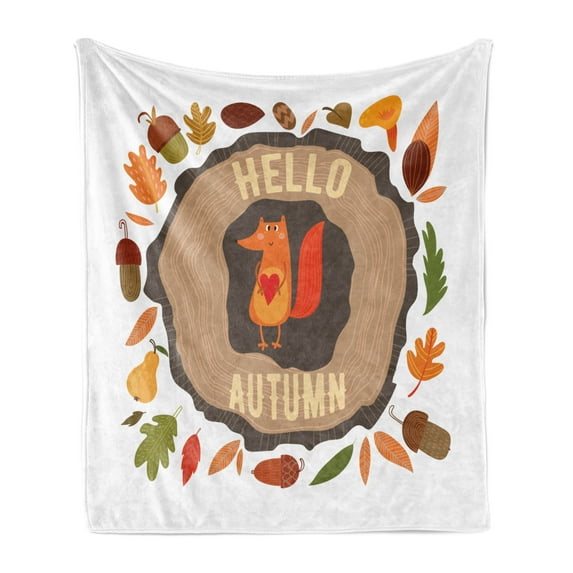 Hello Soft Flannel Fleece Blanket, Inspirational Autumn Themed Design with Vintage Fox Illustration Acorns Leaves Heart, Cozy Plush for Indoor and Outdoor Use, 50" x 70", Multicolor, by Ambesonne