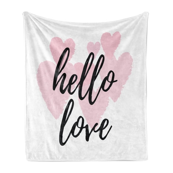 Hello Soft Flannel Fleece Blanket, Hello Love Hand Lettering Print on Pink Hearts Inspirational Words Minimal Design, Cozy Plush for Indoor and Outdoor Use, 70" x 90", Black and Rose, by Ambesonne