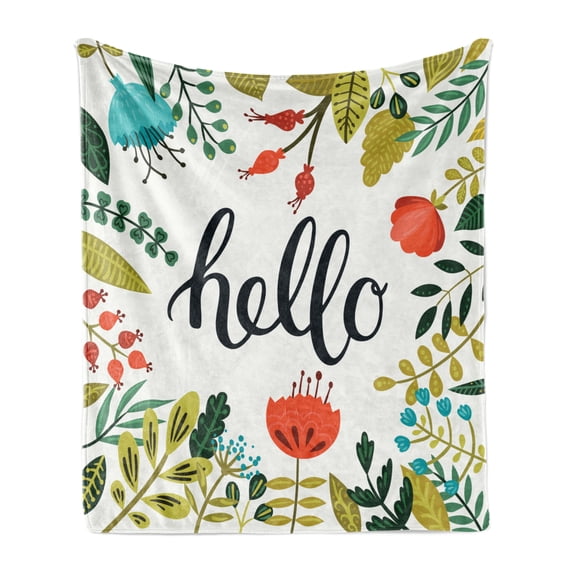 Hello Soft Flannel Fleece Throw Blanket, Brush Lettering Designed Calligraphy Print of Hello on Colorful Floral Background, Cozy Plush for Indoor and Outdoor Use, 60" x 80", Multicolor, by Ambesonne