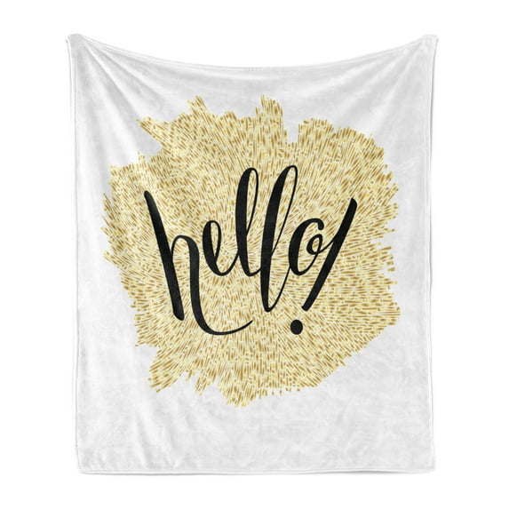 Hello Soft Flannel Fleece Throw Blanket, Brush Pen Lettering in Mosaic Style Modern Design Background, Cozy Plush for Indoor and Outdoor Use, 70" x 90", Black White Yellow, by Ambesonne