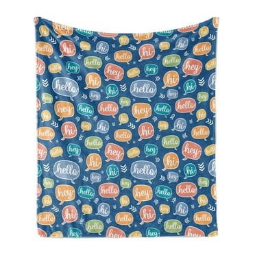 Hello Soft Flannel Fleece Throw Blanket, Continuous Hi and Hey Typographic Elements in Colorful Speech Bubbles, Cozy Plush for Indoor and Outdoor Use, 50" x 60", Sea Blue and Multicolor, by Ambesonne
