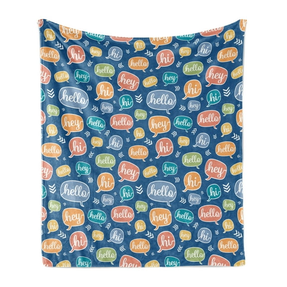 Hello Soft Flannel Fleece Throw Blanket, Continuous Hi and Hey Typographic Elements in Colorful Speech Bubbles, Cozy Plush for Indoor and Outdoor Use, 50" x 70", Sea Blue and Multicolor, by Ambesonne