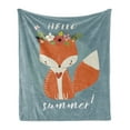 thumbnail image 1 of Hello Soft Flannel Fleece Throw Blanket, Greetings to the Coming of Summer Season Drawing Fox Flourishing Flowers, Cozy Plush for Indoor and Outdoor Use, 50" x 70", Multicolor, by Ambesonne, 1 of 5