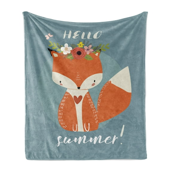 Hello Soft Flannel Fleece Throw Blanket, Greetings to the Coming of Summer Season Drawing Fox Flourishing Flowers, Cozy Plush for Indoor and Outdoor Use, 70" x 90", Multicolor, by Ambesonne