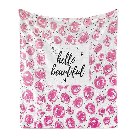 Hello Soft Flannel Fleece Throw Blanket, Hand Lettering Words on Retro Floral Style Background with Watercolor Buds, Cozy Plush for Indoor and Outdoor Use, 50" x 70", Pink Black White, by Ambesonne