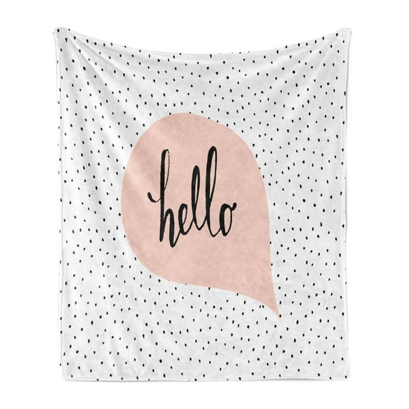 Hello Soft Flannel Fleece Throw Blanket, Pink Speech Bubble Hand Letter Message on Background of Dots, Cozy Plush for Indoor and Outdoor Use, 70" x 90", Blush Black White, by Ambesonne