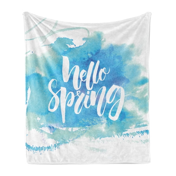 Hello Soft Flannel Fleece Throw Blanket, Hello Spring Printed in White Hand Lettering Design on Watercolor Pastel Blue, Cozy Plush for Indoor and Outdoor Use, 50" x 60", Pale Blue White, by Ambesonne
