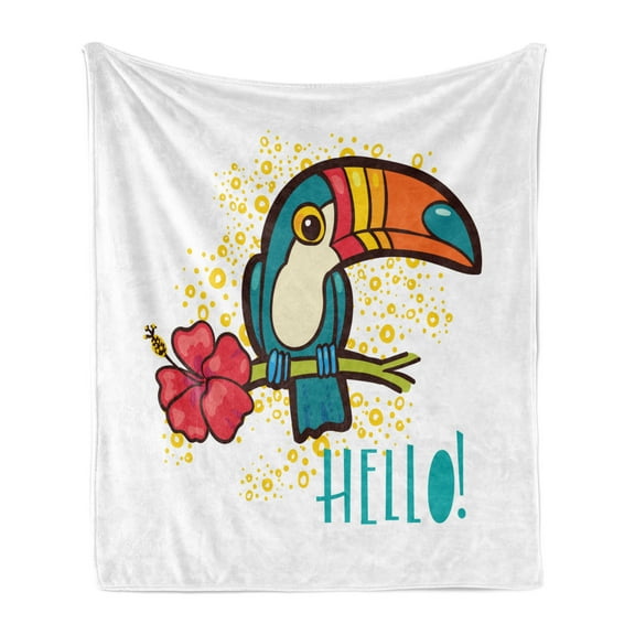 Hello Soft Flannel Fleece Throw Blanket, Tropical Hello from Hawaiian Island Ramphastidae Toucan Bird with Hibiscus Flower, Cozy Plush for Indoor and Outdoor Use, 50" x 60", Multicolor, by Ambesonne