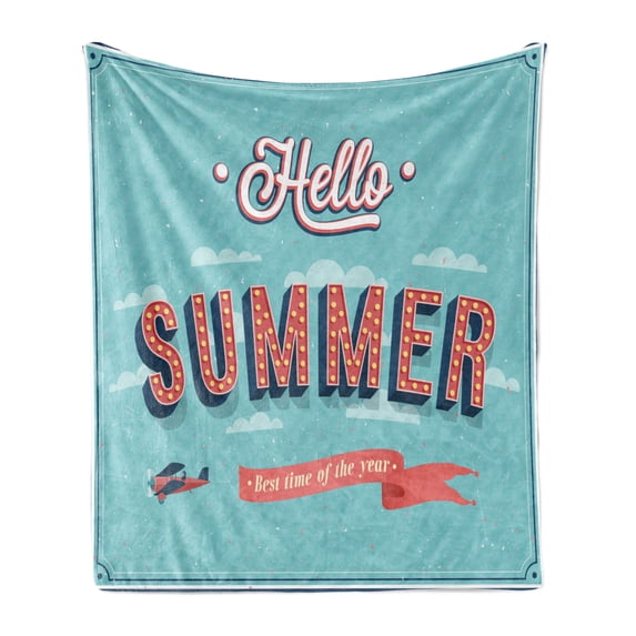 Hello Soft Flannel Fleece Throw Blanket, Vintage Style Summer Inspired Words Print on Blue Background Aircraft and Clouds, Cozy Plush for Indoor and Outdoor Use, 70" x 90", Multicolor, by Ambesonne