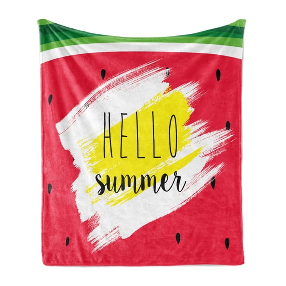 Hello Soft Flannel Fleece Throw Blanket, Watermelon Background with Brushstrokes and a Script for Joyful Summertime, Cozy Plush for Indoor and Outdoor Use, 60" x 80", Multicolor, by Ambesonne