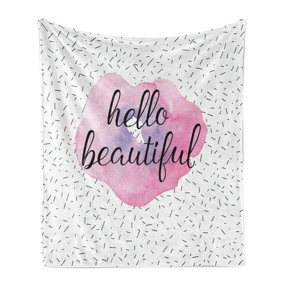 Hello Soft Flannel Fleece Throw Blanket, Words Watercolor Flower Pattern and Celebration Background, Cozy Plush for Indoor and Outdoor Use, 50" x 60", Pale Pink Lavender Black, by Ambesonne