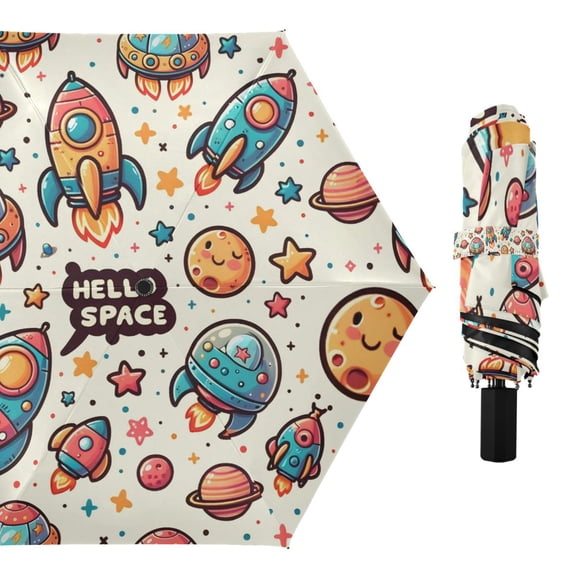 Hello Space Spaceship Star Compact Sun Umbrella Windproof Travel Umbrellas for Rain Strong Portable UV Protection