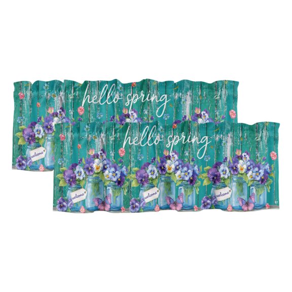 Hello Spring 2 Panels Kitchen Valance, Country Purple Pansy Flowers Green Wood Plank Curtains Valances for Small Windows Rod Pocket Window Treatments for Living Room Bedroom 42" W x 18" L