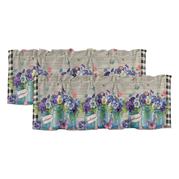 Hello Spring 2 Panels Kitchen Valance, Country Purple Pansy Flowers Leaf Farm Plaid Wood Curtains Valances for Small Windows Rod Pocket Window Treatments for Living Room Bedroom 60" W x 18" L