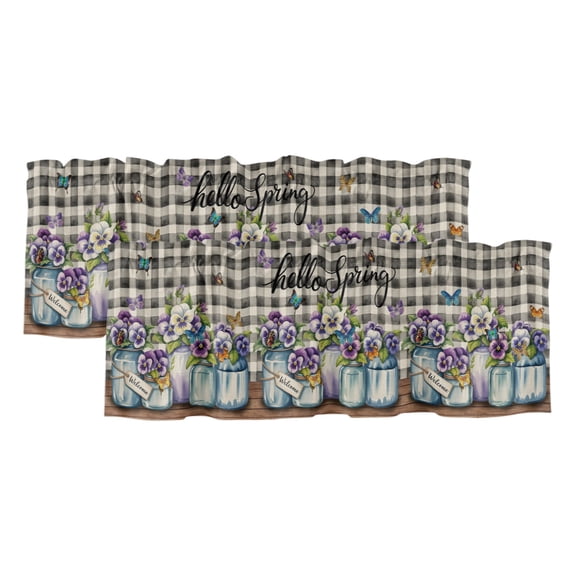 Hello Spring 2 Panels Kitchen Valance, Farm Purple Pansy Flowers in The Jug Black Plaid Curtains Valances for Small Windows Rod Pocket Window Treatments for Living Room Bedroom 42" W x 18" L
