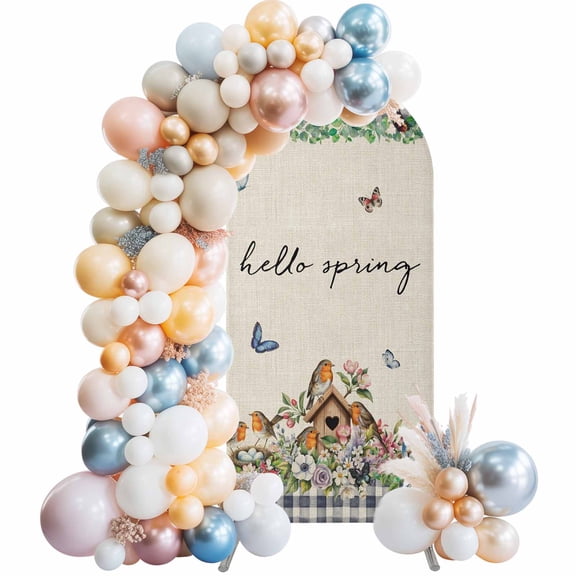 Hello Spring Arch Backdrop Cover 4 FT Bird Pink White Flowers Butterflies Vintage Linen Texture Stretchy Arch Stand Covers Spandex Arched Background Birthday Wedding Party Decoration (No Stand)