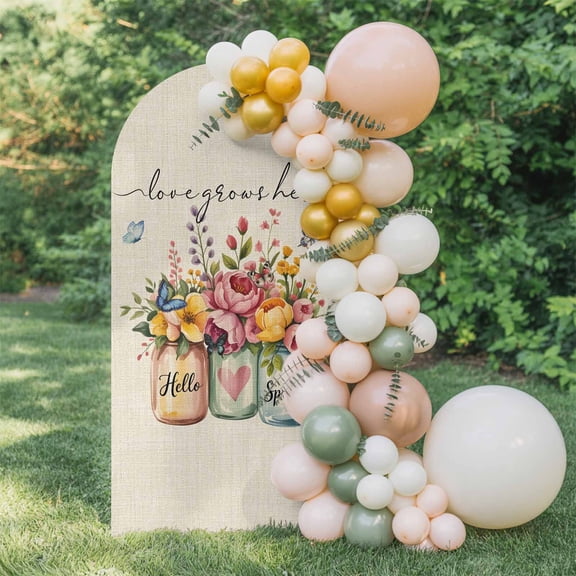 Hello Spring Arch Backdrop Cover 5 FT, Love Grows Here Color Flowers Leaf Retro Linen Wedding Arch Cover Stretchy Backdrop Stands Covers for Birthday Party Ceremony Banquet Decor