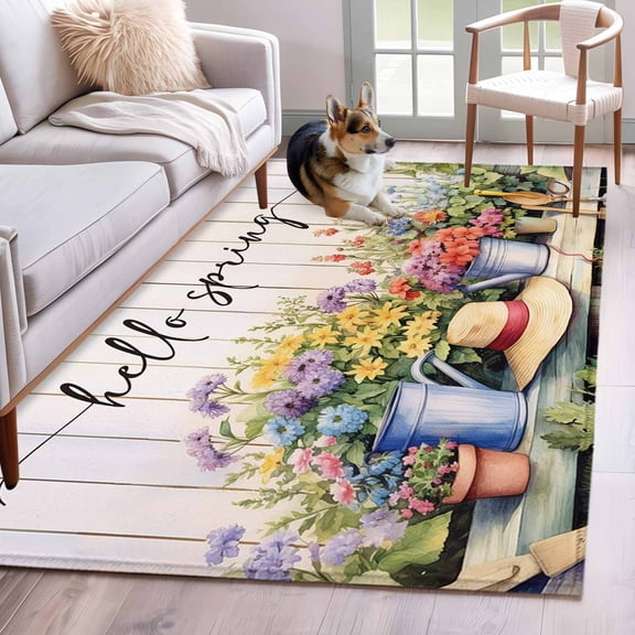 Hello Spring Area Rug 3x5 FT, Non Slip Entryway Bedside Carpet, Elagant Summer Floral Botanical Wooden Washable Soft Floor Carpet Indoor Mat Non-Shedding Throw Rugs for Dorm Kitchen Home Office