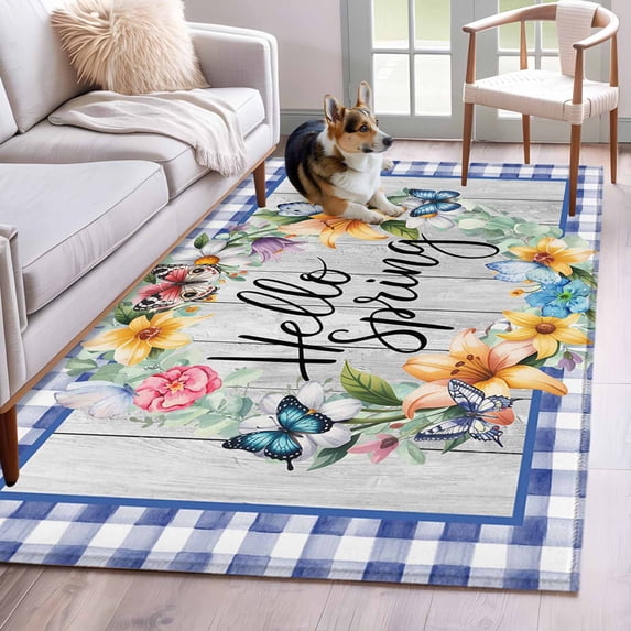 Hello Spring Area Rugs 4'x6', Washable Small Throw Rugs for Office Bathroom, Farmhouse Floral Eucalyptus Wood Blue Plaid Indoor Outdoor Rug Non-Slip Low Pile Carpet Runner Reversible Floor Mats