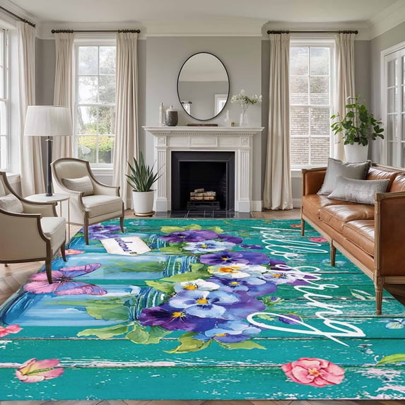 Hello Spring Area Rugs 6'x9', Washable Small Throw Rugs for Kitchen Dining room, Pastoral Purple Bottle Floral Dark Green Wood Indoor Outdoor Rug Non-Slip Low Pile Carpet Runner Reversible Floor Mats