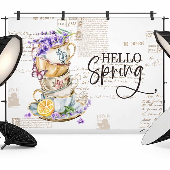 Hello Spring Backdrop for Photoshoot,Photography Photo Studio Background Wall Backdrop,Purple Floral Botanical Coffee Cups Back Drop Banner Panel for Portraits Wedding Live Streaming Decor 7x5Ft