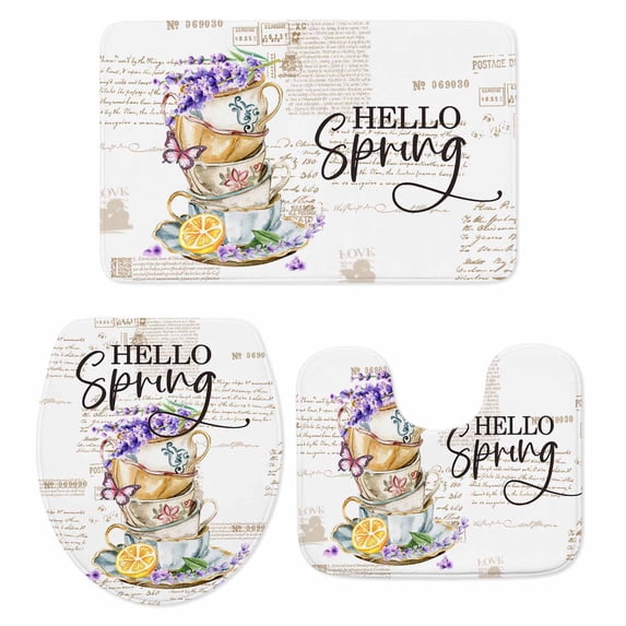 Hello Spring Bath Mat 3 Piece Bathroom Rug Set, Purple Floral Botanical Coffee Cups Non Slip Bath Rug Contour Mat and Toilet Lid Cover, Absorbent Shower Mats Soft Bath Rugs and Mats Sets