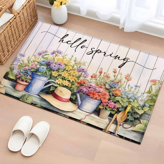 Hello Spring Bathroom Mats 2x3 FT, Non Slip Small Kitchen Mat, Elagant Summer Floral Botanical Wooden Washable Soft Backed Front Door Throw Rugs Non-Shedding Indoor Outdoor Doormat for Entryway Sink
