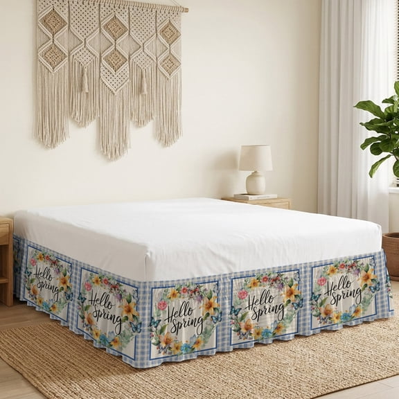 Hello Spring Bed Skirt Bed Skirts Queen Size 16 Inch Drop, Tulips Flowers Wreath Butterfly Blue Plaid Linen Wrap Around Dust Ruffle Bedskirt with Adjustable Elastic Belt for Queen Size Beds
