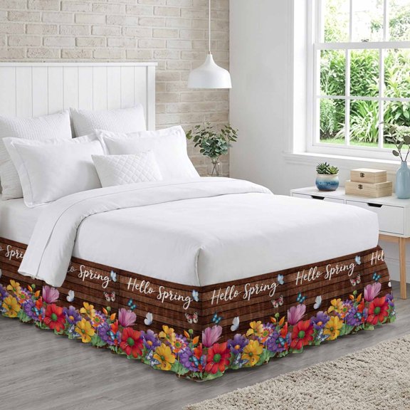 Hello Spring Bed Skirt Queen Size 16 Inch Drop, Red Yellow Purple Flower Butterfly Floral Wood Grain Adjustable Elastic Dust Ruffles Bedskirt for Queen Bed Wrap Around Pleated Mattress Frame Cover
