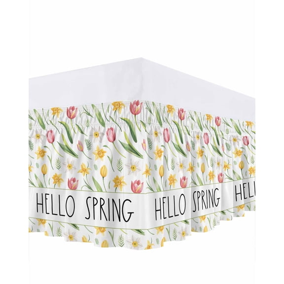 Hello Spring Bed Skirt Queen Size 16 Inch Drop, Yellow Pink Tulip Flowers Green Leaf Pastoral Adjustable Elastic Dust Ruffles Bedskirt for Queen Bed Wrap Around Pleated Mattress Frame Cover