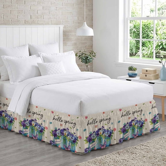 Hello Spring Bed Skirt Queen Size 18 Inch Drop, Country Purple Pansy Flowers Bouquet Leaf Linen Adjustable Elastic Dust Ruffles Bedskirt for Queen Bed Wrap Around Pleated Mattress Frame Cover