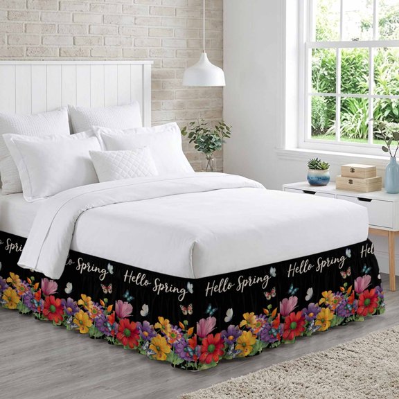 Hello Spring Bed Skirt Queen Size 18 Inch Drop, Red Yellow Purple Flower Butterfly Floral Black Background Adjustable Elastic Dust Ruffles Bedskirt for Queen Bed Wrap Around Pleated Mattress Cover