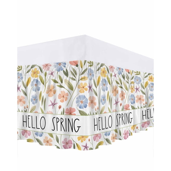 Hello Spring Bed Skirt Queen Size 18 Inch Drop, Spring Blue Pink Orange Wildflowers Floral Leaf Plant Adjustable Elastic Dust Ruffles Bedskirt for Queen Bed Wrap Around Pleated Mattress Frame Cover