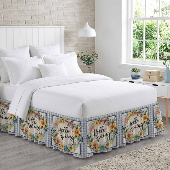 Hello Spring Bed Skirt Queen Size 18 Inch Drop, Tulips Flowers Wreath Butterfly Blue Plaid Linen Adjustable Elastic Dust Ruffles Bedskirt for Queen Bed Wrap Around Pleated Mattress Frame Cover