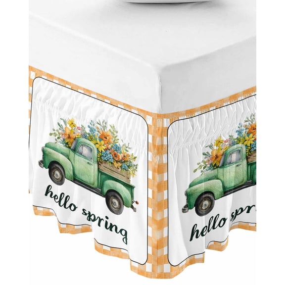 Hello Spring Bed Skirt Queen Size 18 Inch Drop, Wrap Around Bed Skirts, Easter Flowers Green Truck Floral Orange Plaid Elastic Bedskirt Pleated Bed Frame Cover Luxurious Dust Ruffle for Queen Bed