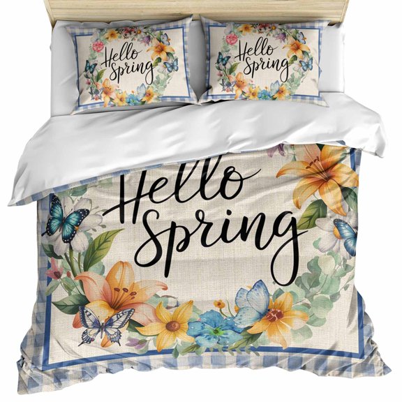 Hello Spring Bedding 3 Piece Duvet Cover Set Twin Size, Farmhouse Floral Eucalyptus Wood Plaid Burlap Microfiber Comforter Cover with Zipper Closure & Pillowcases, Wrinkle & FadeResistant Quilt Cover