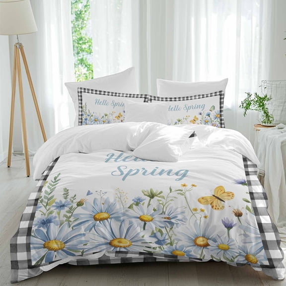 Hello Spring Bedding Duvet Cover Set Queen Size 4 Pieces, Spring Floral Watercolor Flower White Daisy Butterfly Black Plaid Bedding Set with Zipper Closure, 90x90in Flat Sheet & 2 Pillow Cases
