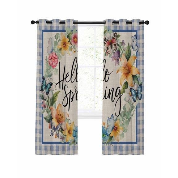 Hello Spring Blackout Curtains for Bedroom Living Room, Tulips Flowers Wreath Butterfly Blue Plaid Linen 45 In Long Thermal Insulated Room Darkening Drapes Grommet Window Treatments, 52 x 45 In
