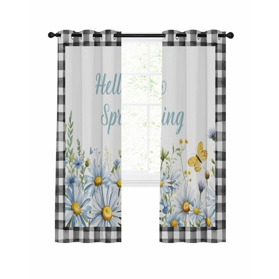Hello Spring Blackout Curtains for Living Bedroom, Spring Floral Watercolor Flower White Daisy Butterfly Black Plaid 39 In Long Thermal Insulated Darkening Drapes Grommet Window Treatments 27.5x39 In