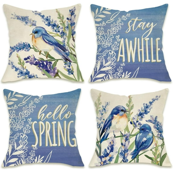 Hello Spring Bluebird Decorative Throw Pillow Covers 20 x 20 Set of 4, Lavender Flower Stay Awhile Porch Patio Outdoor Pillowcase, Blue Floral Seasonal Sofa Couch Cushion Case Home Decor