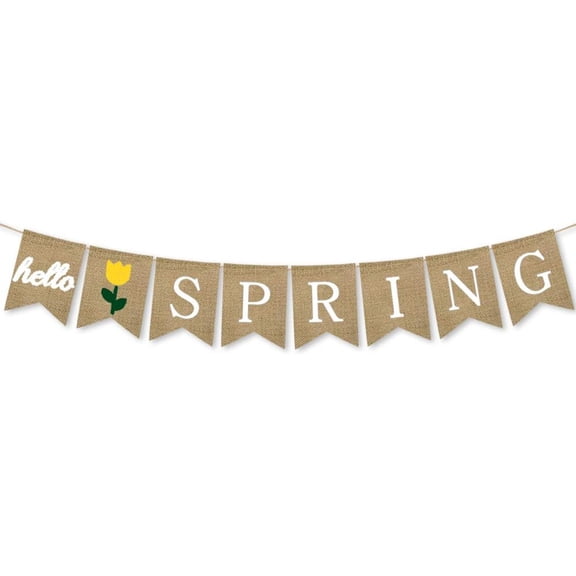 Hello Spring Burlap Banner with Yellow Tulip Flower, Rustic Jute Pennant Garland for Spring Easter Farmhouse Home Fireplace Mantel Decorations