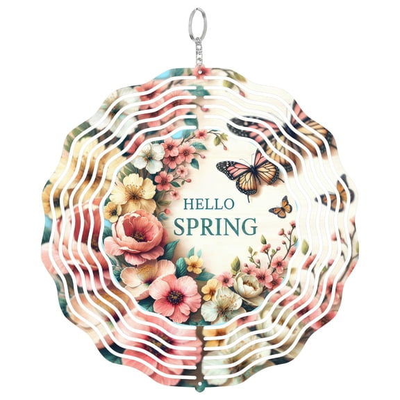 Hello Spring Butterfly Nature 3D Wind Spinner, Garden Decor, UV Printed Metal Kinetic Yard Art, Round