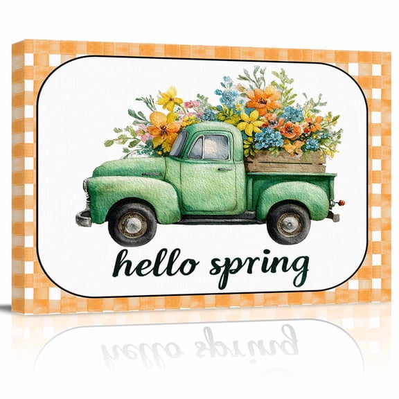 Hello Spring Canvas Print Wall Art Easter Watercolor Truck Floral Orange Plaid Border Pictures Painting Morden Artwork for Living Room Bedroom, Ready to Hang - 12"x16"