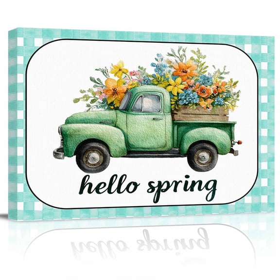 Hello Spring Canvas Print Wall Art Easter Watercolor Truck Floral Teal Plaid Border Pictures Painting Morden Artwork for Living Room Bedroom, Ready to Hang - 12"x16"
