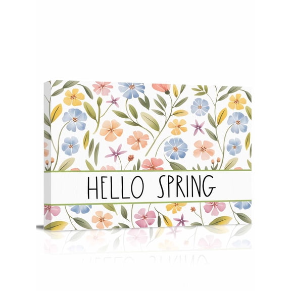 Hello Spring Canvas Print Wall Art Spring Blue Pink Orange Wildflowers Floral Leaf Plant Pictures Painting Morden Artwork for Living Room Bedroom, Ready to Hang - 12"x16"