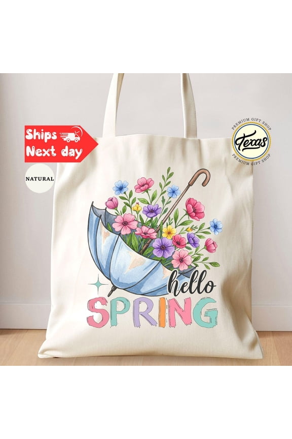 Hello Spring Canvas Tote Bag Floral Umbrella Totes